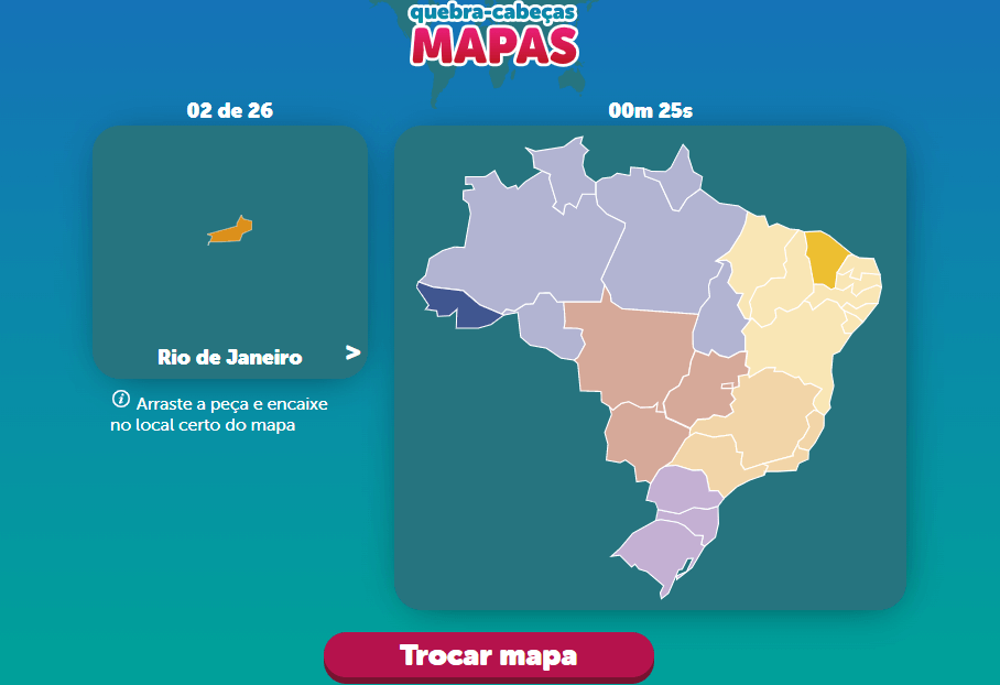 A imagem mostra uma captura de tela do site do IBGE para crianças, no jogo: quebra-cabeça Mapas, à direita aparece a representação do estado do Rio de Janeiro, com a legenda e à esquerda o mapa do Brasil onde a peça deve ser encaixada corretamente.
