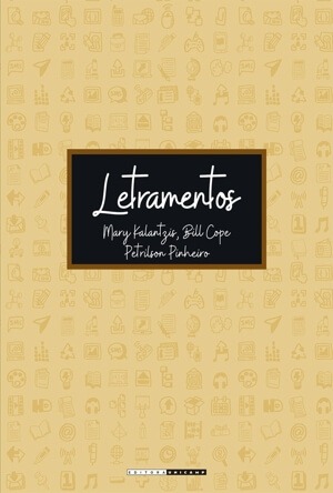 Capa do livro "Letramentos", que traz o título no centro e pequenos ícones ilustrados, como cadernos, livros, etc.