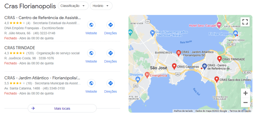 Busca no Google por “CRAS em Florianópolis”.