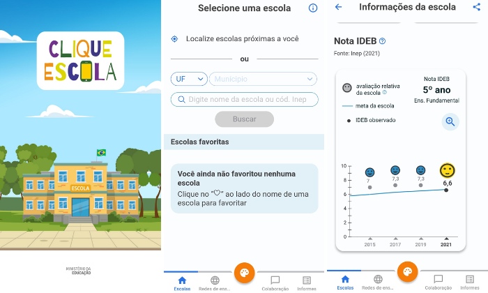 O app Clique Escola fornece dados educacionais e demográficos das escolas brasileiras. Imagem: captura de tela.